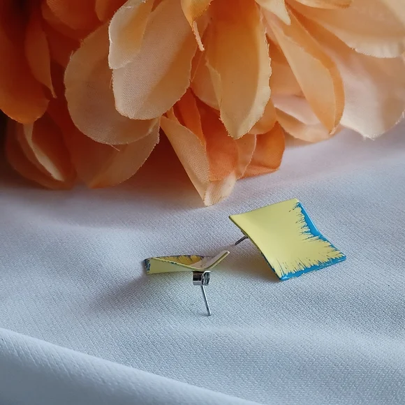Yellow/Blue Geometric Earrings - Picture 1 of 9